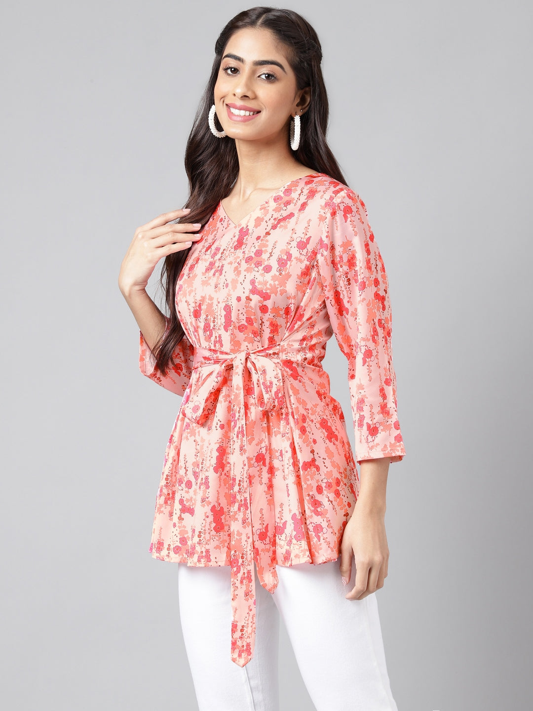 Janasya Women's Peach Satin Digital Floral Printed Casual A-Line Top | Grocsy