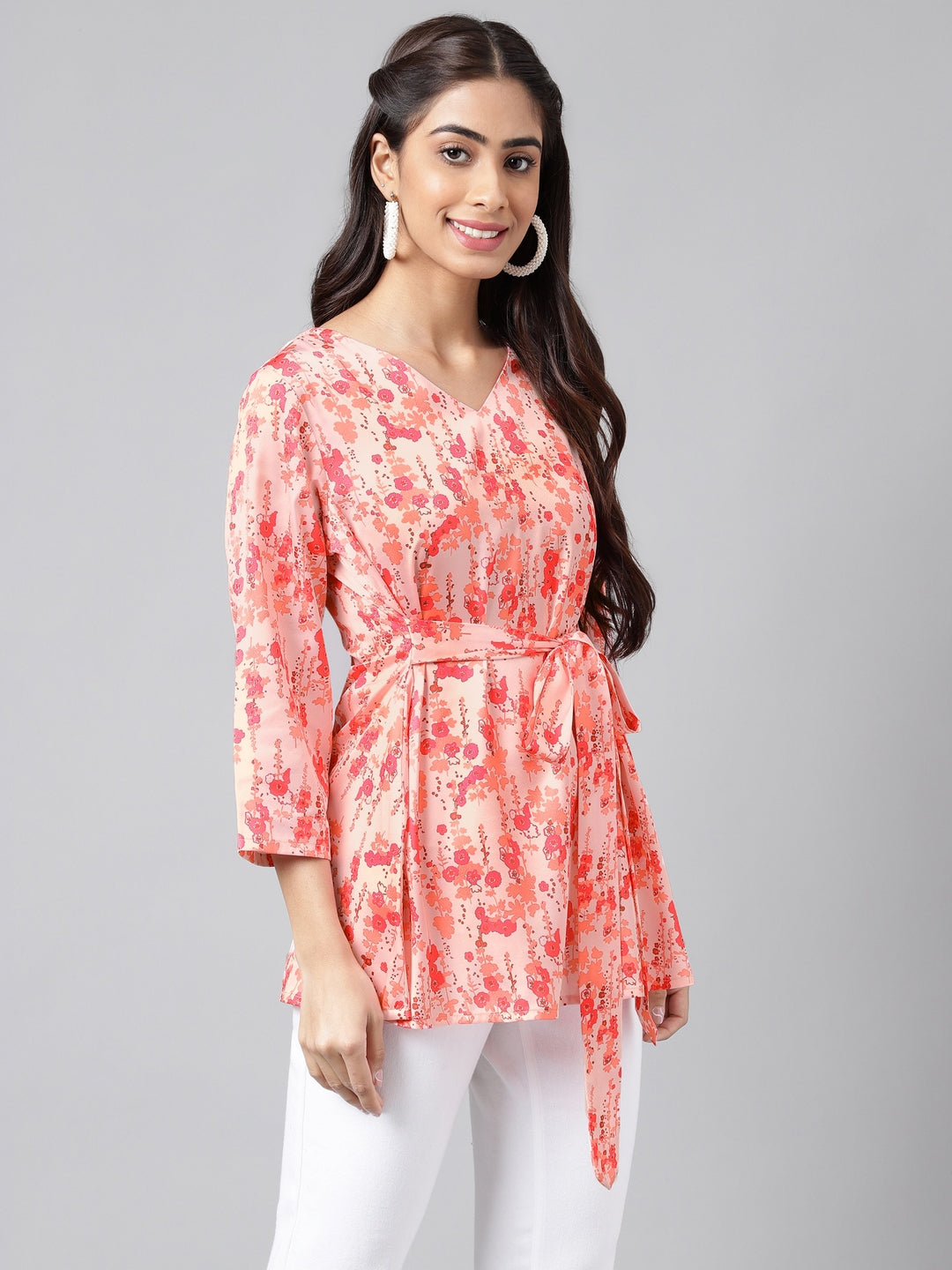 Janasya Women's Peach Satin Digital Floral Printed Casual A-Line Top | Grocsy