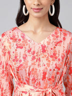 Janasya Women's Peach Satin Digital Floral Printed Casual A-Line Top | Grocsy