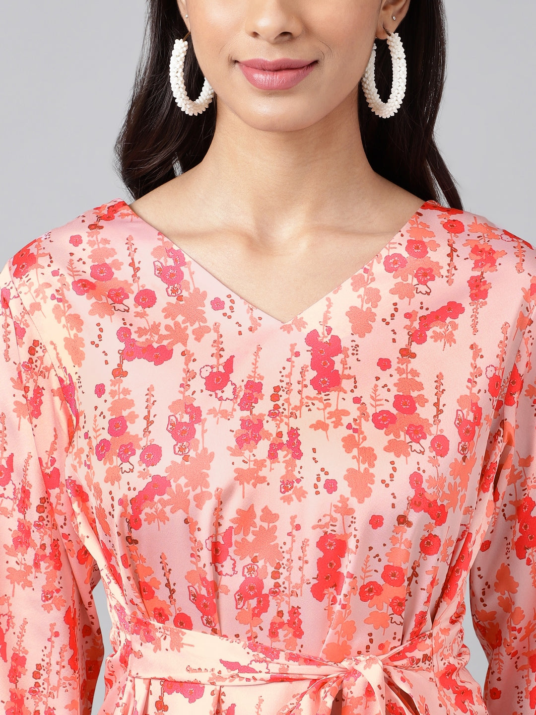 Janasya Women's Peach Satin Digital Floral Printed Casual A-Line Top | Grocsy