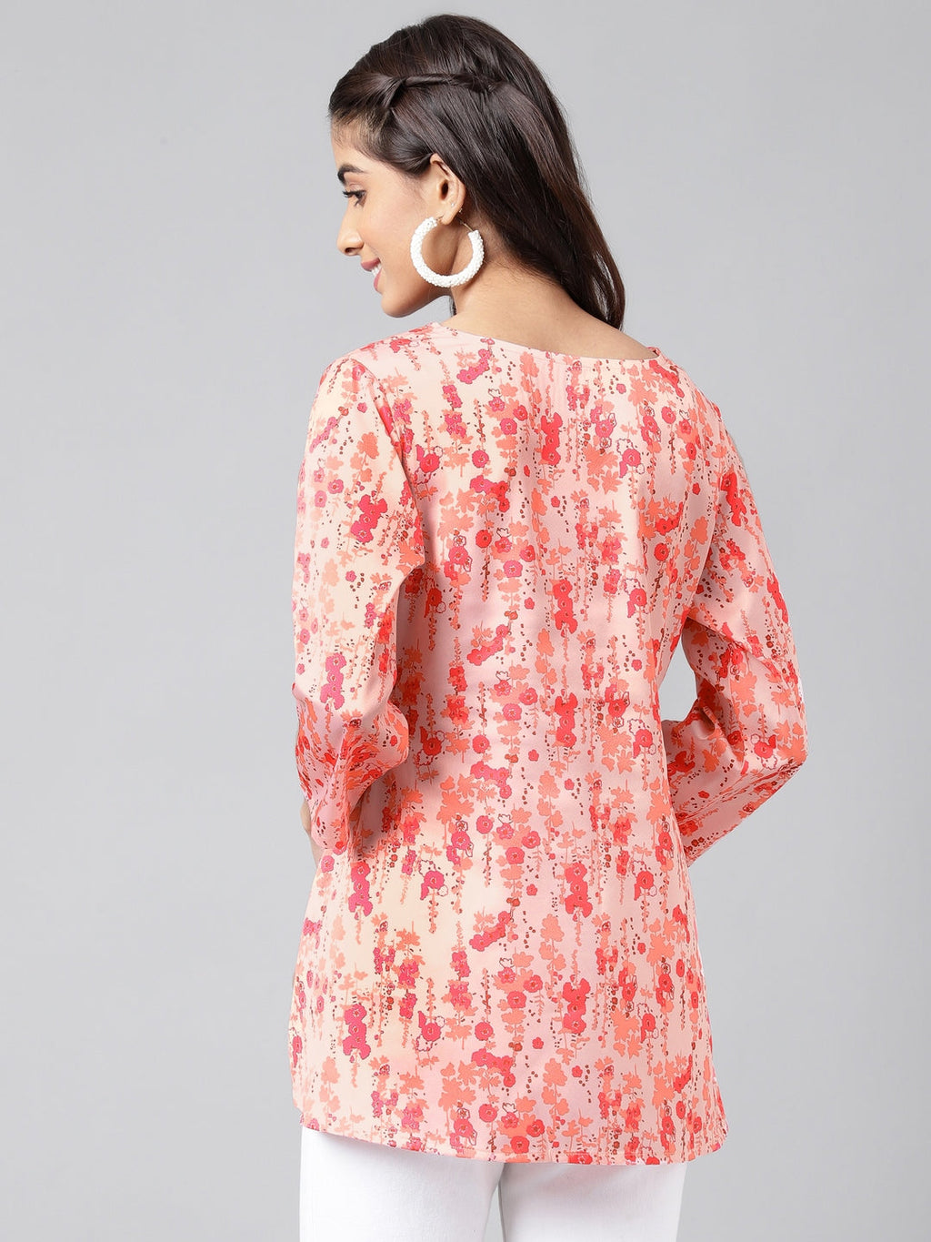 Janasya Women's Peach Satin Digital Floral Printed Casual A-Line Top | Grocsy