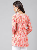 Janasya Women's Peach Satin Digital Floral Printed Casual A-Line Top | Grocsy