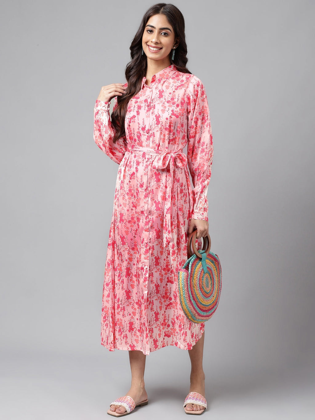 Janasya Women's Peach Satin Digital Floral Printed A-line Casual Dress | Grocsy