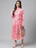 Janasya Women's Peach Satin Digital Floral Printed A-line Casual Dress | Grocsy