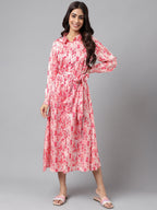 Janasya Women's Peach Satin Digital Floral Printed A-line Casual Dress | Grocsy