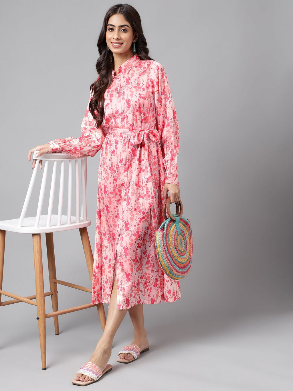 Janasya Women's Peach Satin Digital Floral Printed A-line Casual Dress | Grocsy