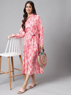 Janasya Women's Peach Satin Digital Floral Printed A-line Casual Dress | Grocsy