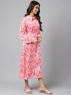 Janasya Women's Peach Satin Digital Floral Printed A-line Casual Dress | Grocsy