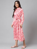 Janasya Women's Peach Satin Digital Floral Printed A-line Casual Dress | Grocsy