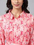 Janasya Women's Peach Satin Digital Floral Printed A-line Casual Dress | Grocsy