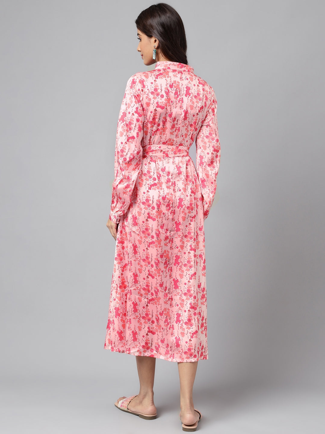 Janasya Women's Peach Satin Digital Floral Printed A-line Casual Dress | Grocsy