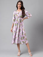 Janasya Women's Lavender Satin Digital Floral Printed A-line Casual Dress | Grocsy