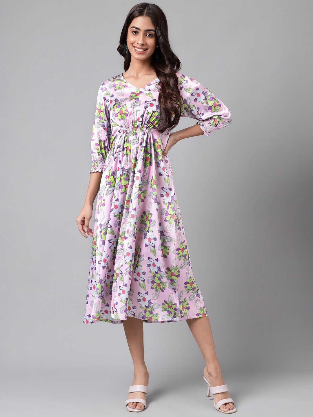 Janasya Women's Lavender Satin Digital Floral Printed A-line Casual Dress | Grocsy