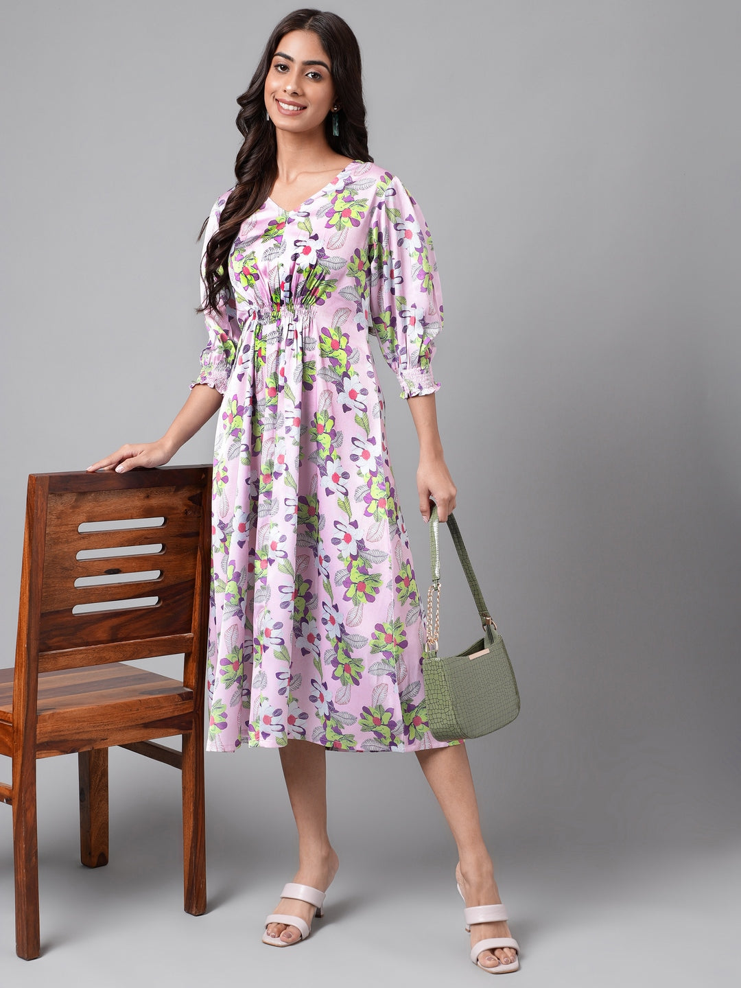 Janasya Women's Lavender Satin Digital Floral Printed A-line Casual Dress | Grocsy