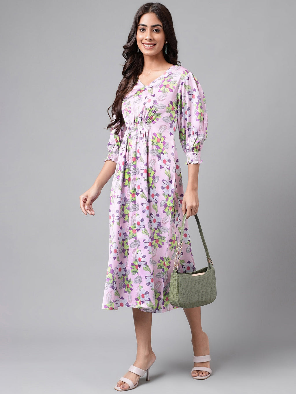 Janasya Women's Lavender Satin Digital Floral Printed A-line Casual Dress | Grocsy