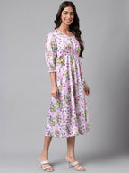 Janasya Women's Lavender Satin Digital Floral Printed A-line Casual Dress | Grocsy