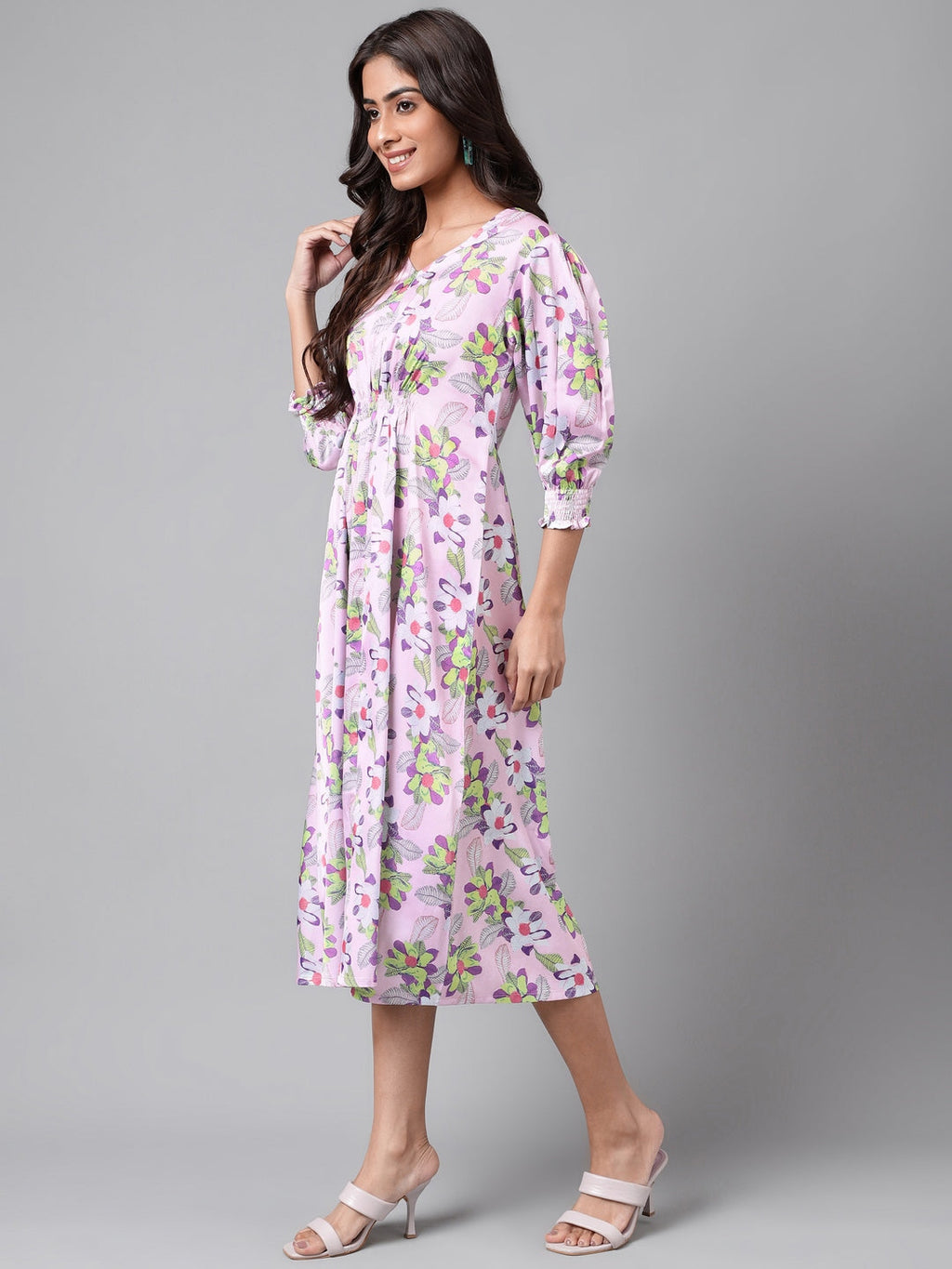 Janasya Women's Lavender Satin Digital Floral Printed A-line Casual Dress | Grocsy