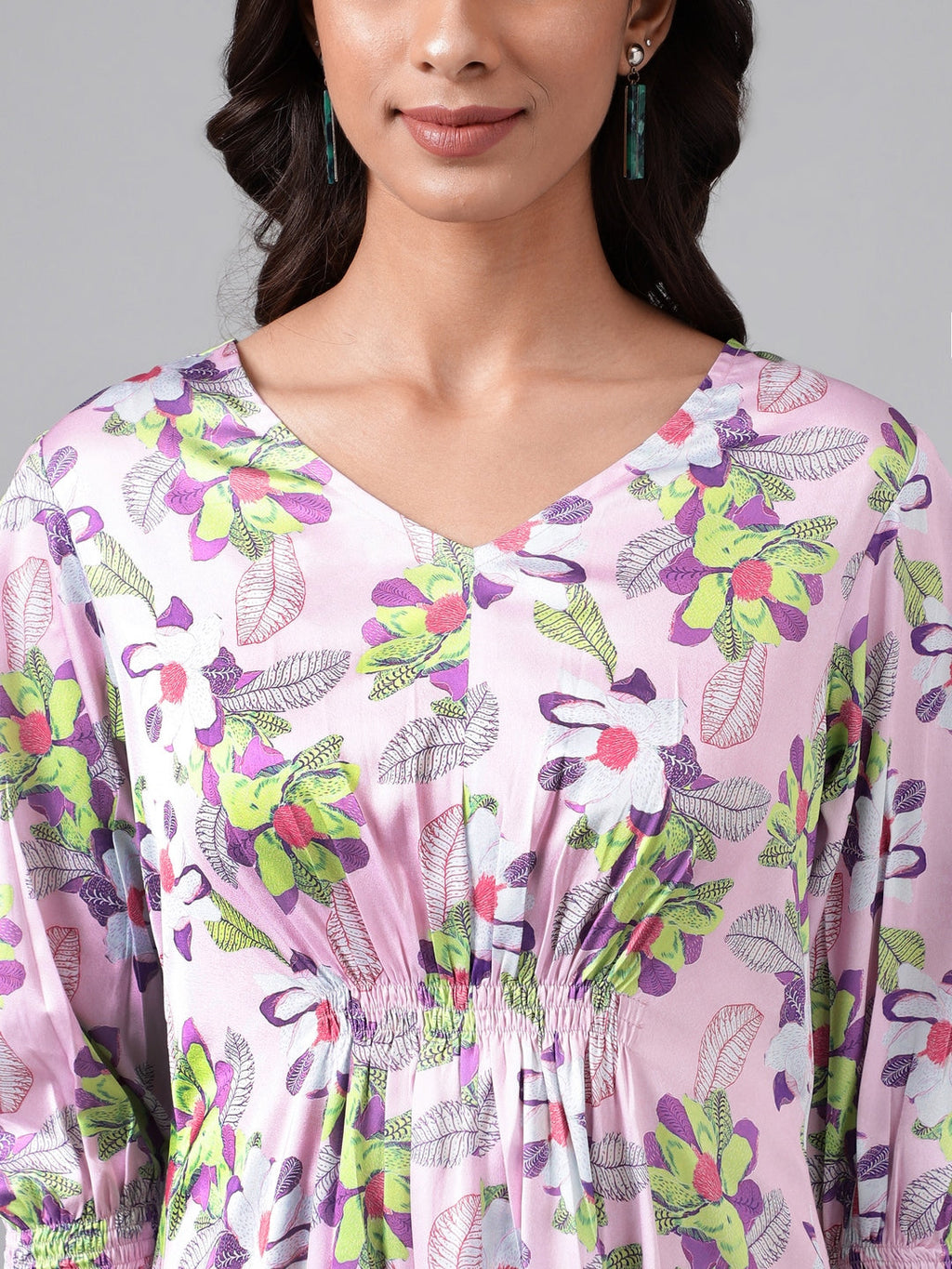 Janasya Women's Lavender Satin Digital Floral Printed A-line Casual Dress | Grocsy