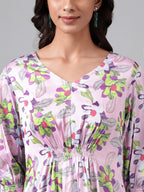 Janasya Women's Lavender Satin Digital Floral Printed A-line Casual Dress | Grocsy