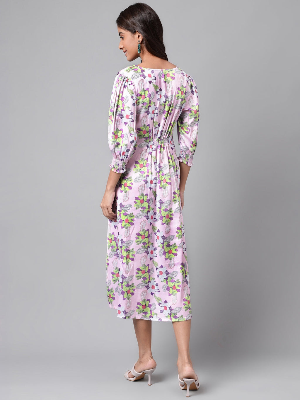 Janasya Women's Lavender Satin Digital Floral Printed A-line Casual Dress | Grocsy