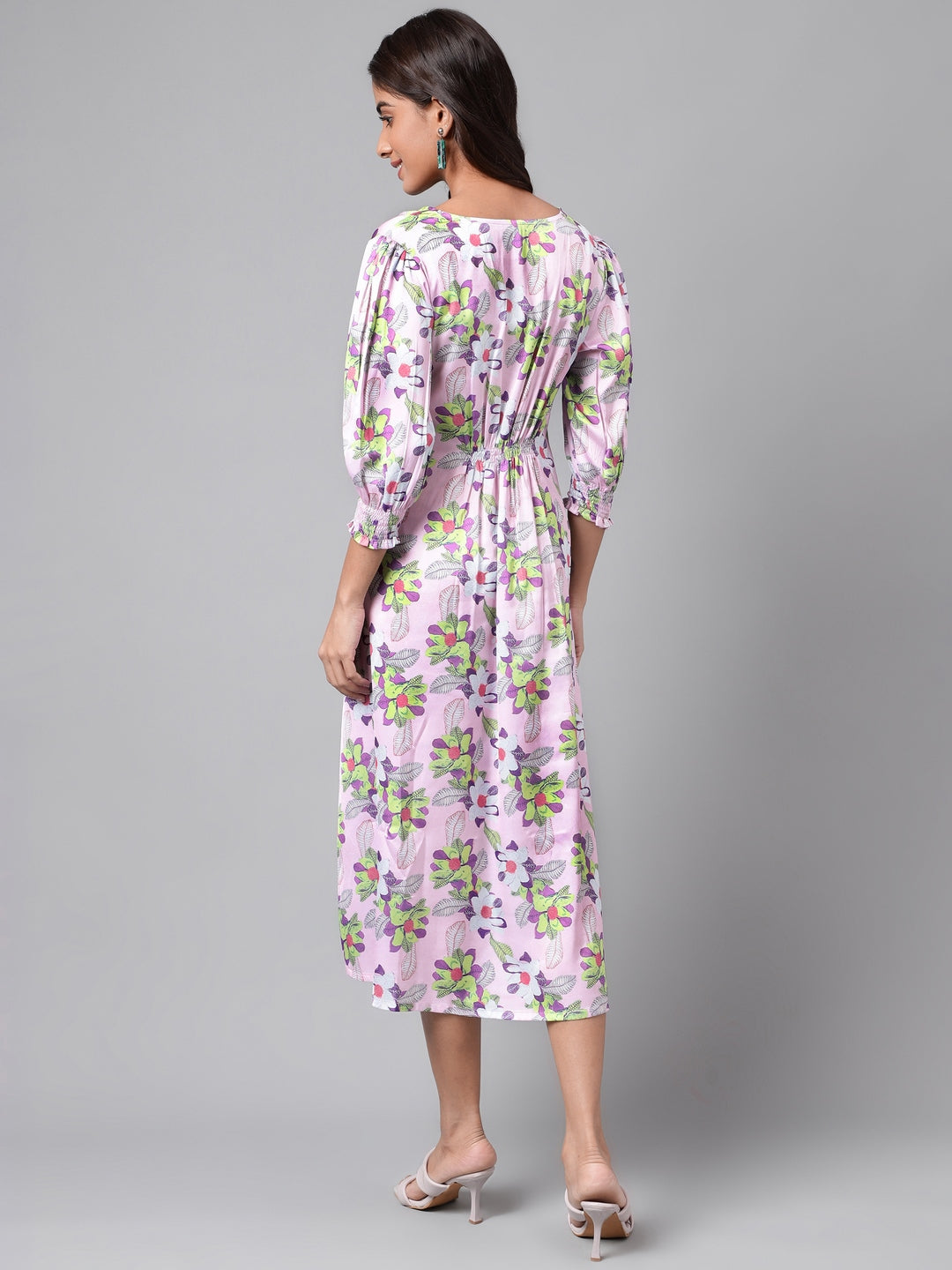 Janasya Women's Lavender Satin Digital Floral Printed A-line Casual Dress | Grocsy