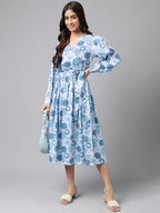 Janasya Women's Grey Satin Digital Floral Printed Flared Casual Dress | Grocsy