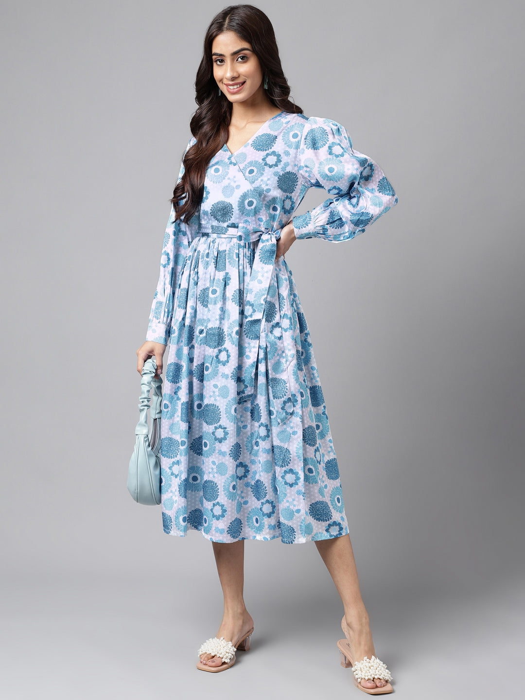 Janasya Women's Grey Satin Digital Floral Printed Flared Casual Dress | Grocsy