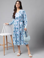 Janasya Women's Grey Satin Digital Floral Printed Flared Casual Dress | Grocsy