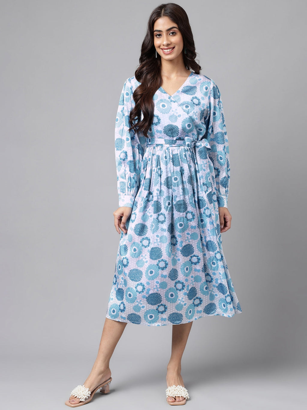 Janasya Women's Grey Satin Digital Floral Printed Flared Casual Dress | Grocsy