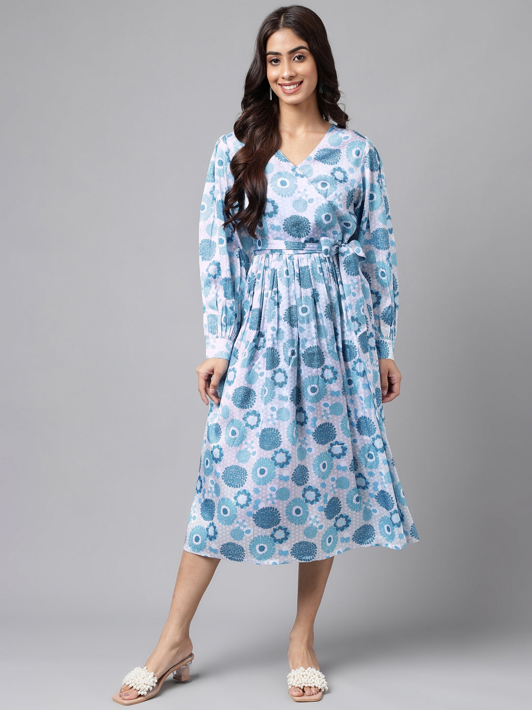 Janasya Women's Grey Satin Digital Floral Printed Flared Casual Dress | Grocsy