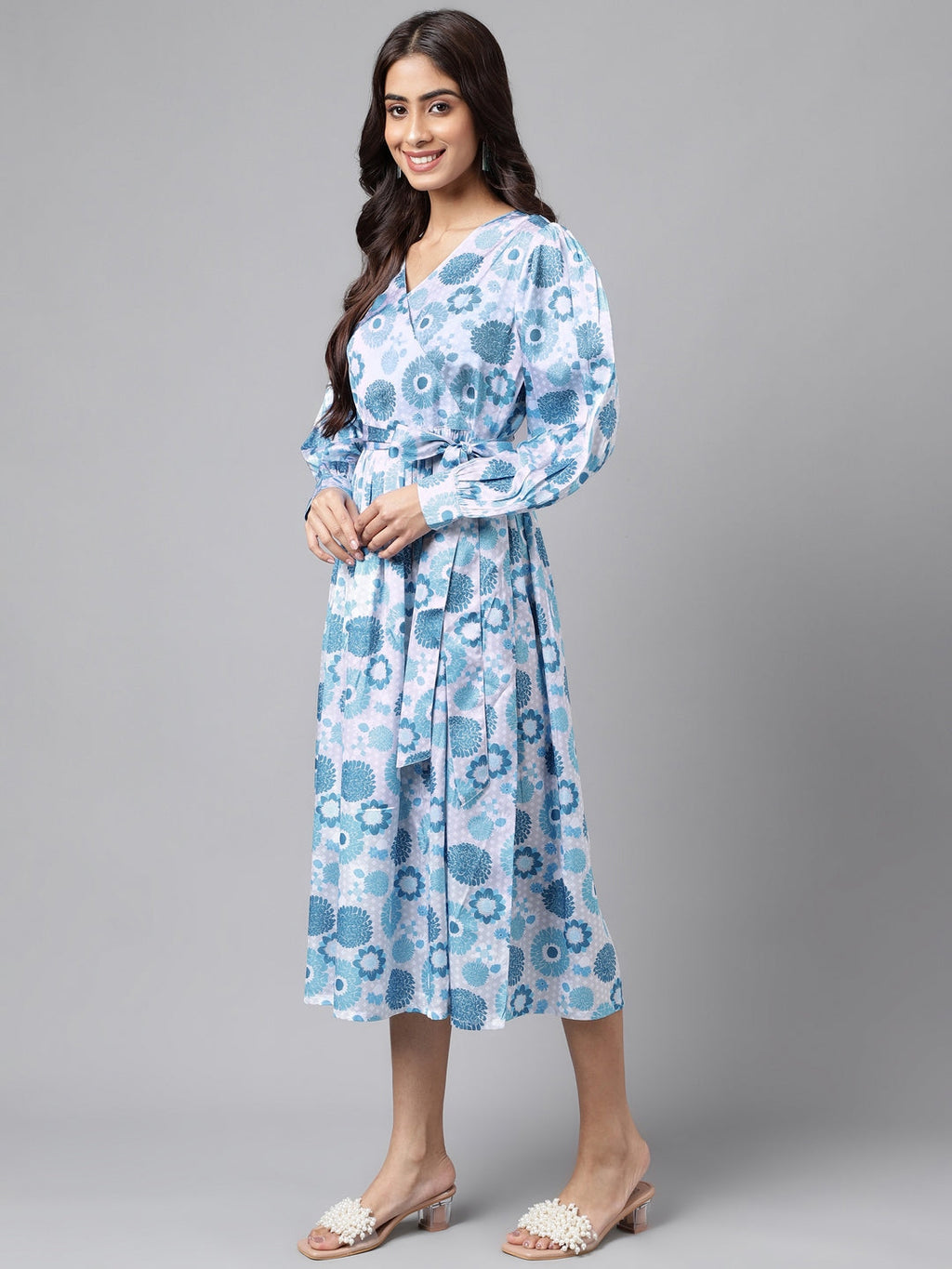 Janasya Women's Grey Satin Digital Floral Printed Flared Casual Dress | Grocsy