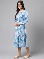Janasya Women's Grey Satin Digital Floral Printed Flared Casual Dress | Grocsy