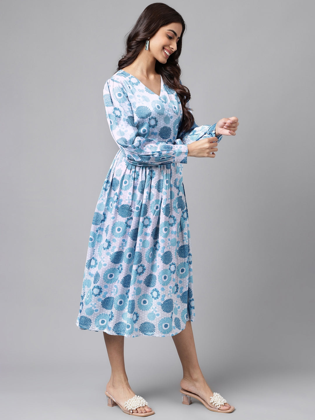 Janasya Women's Grey Satin Digital Floral Printed Flared Casual Dress | Grocsy
