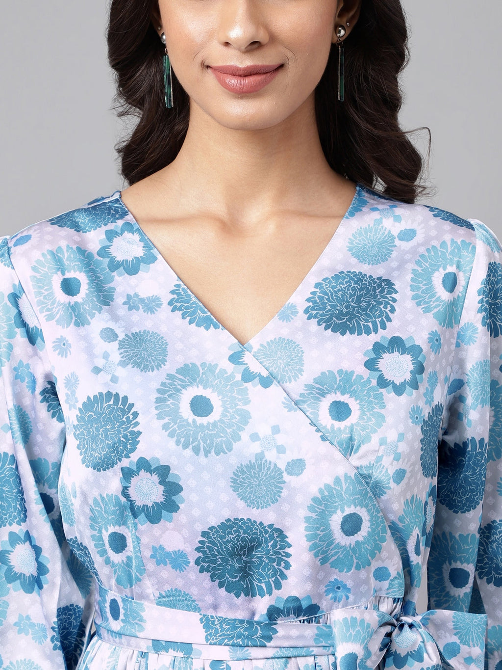 Janasya Women's Grey Satin Digital Floral Printed Flared Casual Dress | Grocsy