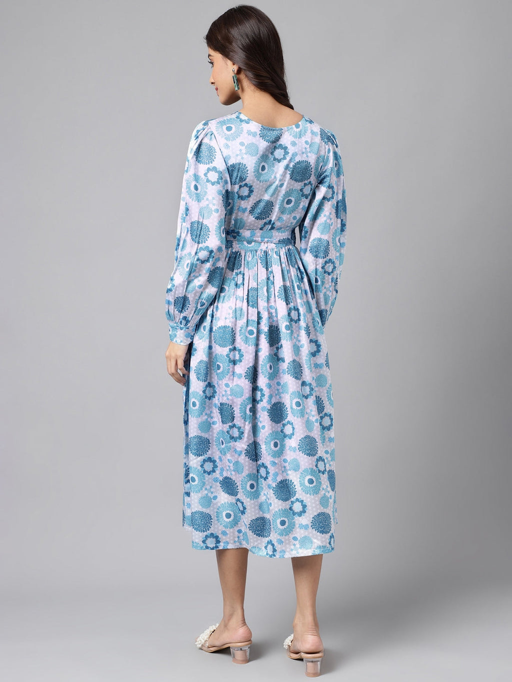Janasya Women's Grey Satin Digital Floral Printed Flared Casual Dress | Grocsy