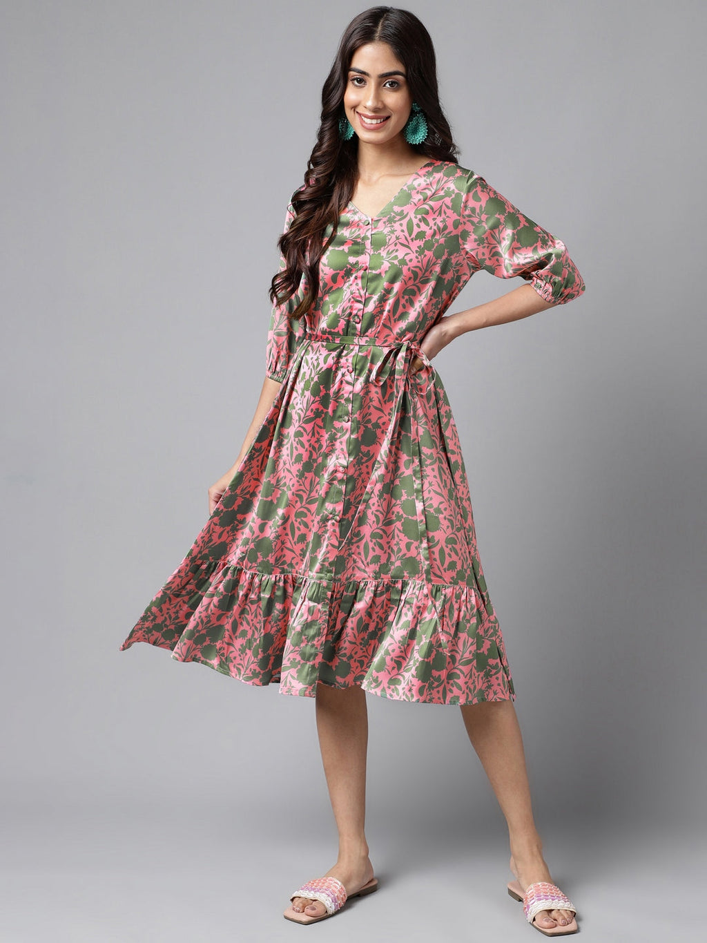 Janasya Women's Pink Satin Digital Floral Printed A-line Ethnic Dress | Grocsy