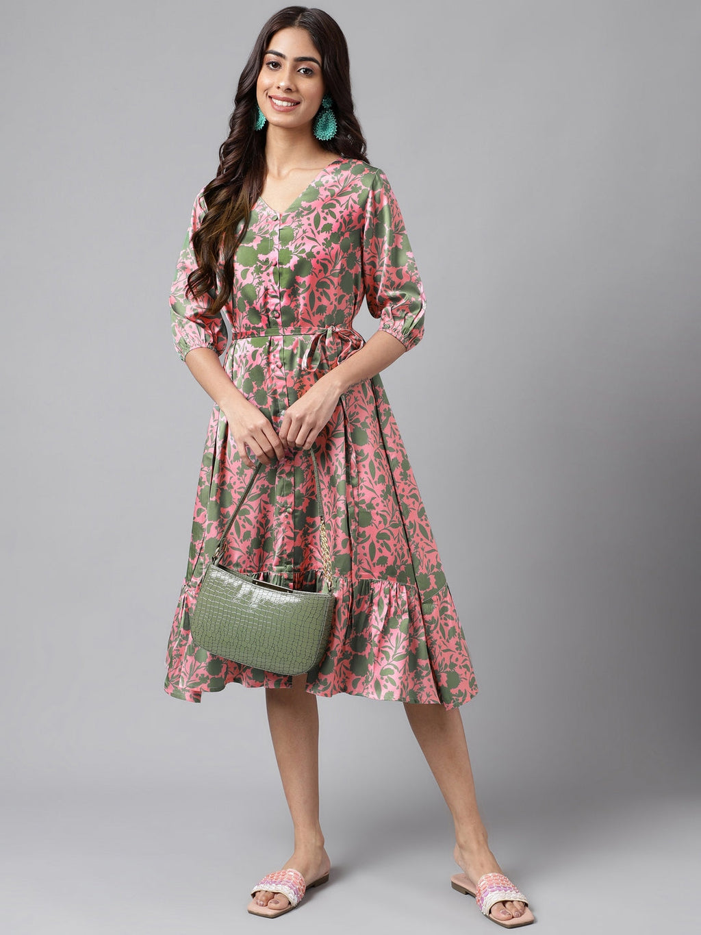 Janasya Women's Pink Satin Digital Floral Printed A-line Ethnic Dress | Grocsy
