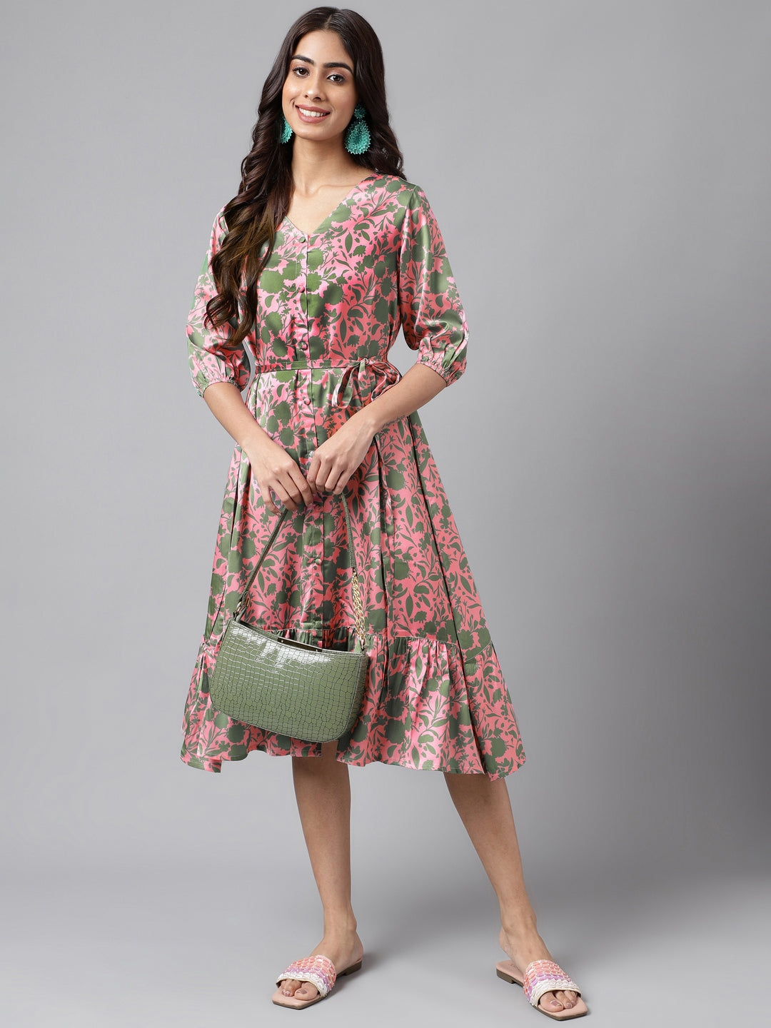 Janasya Women's Pink Satin Digital Floral Printed A-line Ethnic Dress | Grocsy