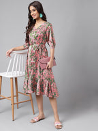 Janasya Women's Pink Satin Digital Floral Printed A-line Ethnic Dress | Grocsy