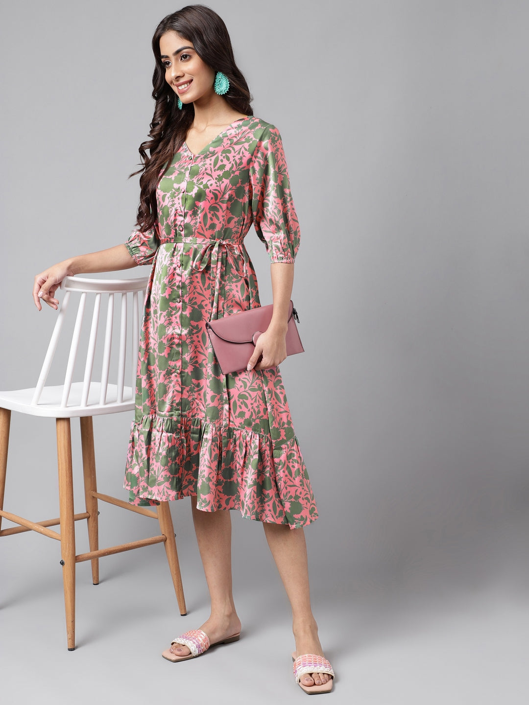Janasya Women's Pink Satin Digital Floral Printed A-line Ethnic Dress | Grocsy