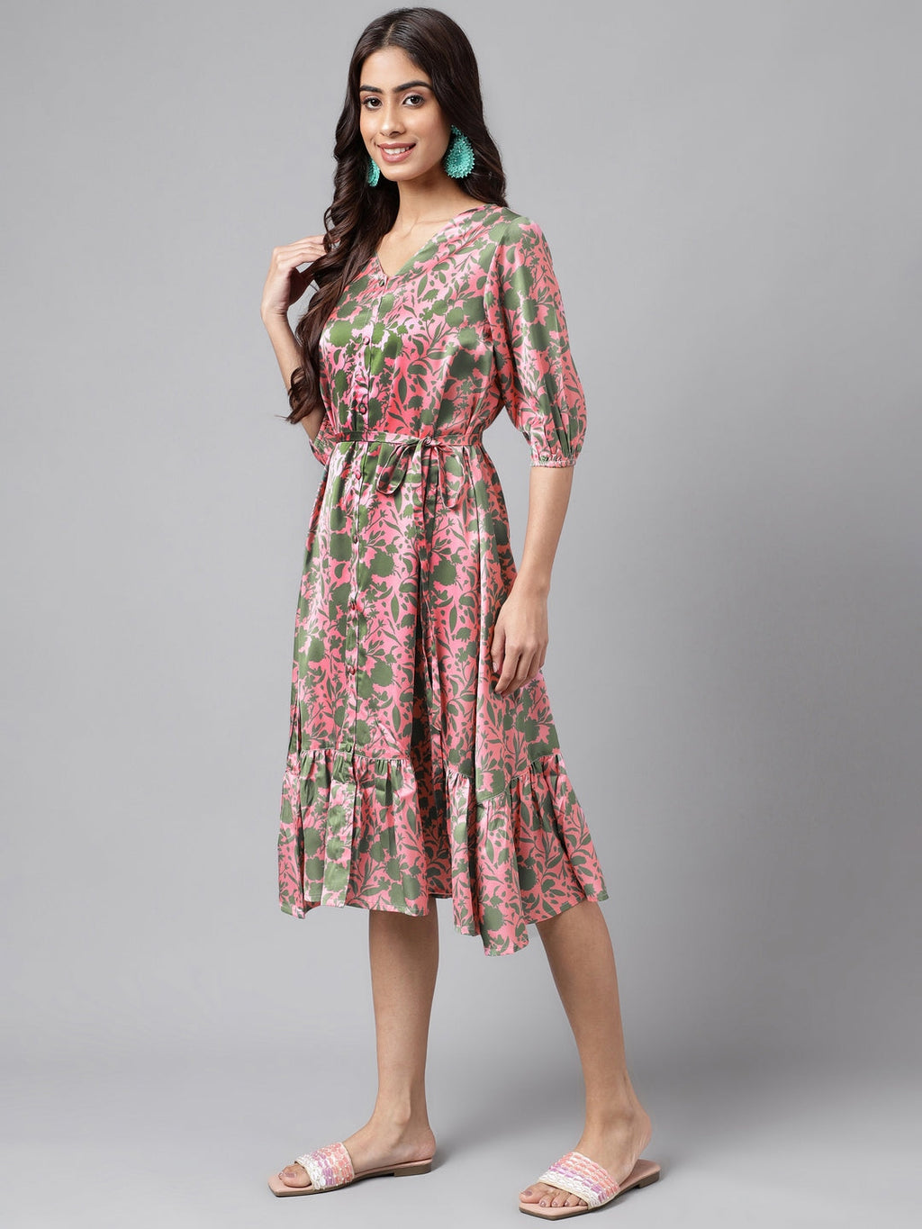 Janasya Women's Pink Satin Digital Floral Printed A-line Ethnic Dress | Grocsy