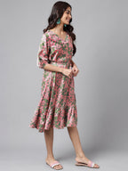 Janasya Women's Pink Satin Digital Floral Printed A-line Ethnic Dress | Grocsy