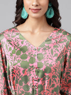 Janasya Women's Pink Satin Digital Floral Printed A-line Ethnic Dress | Grocsy