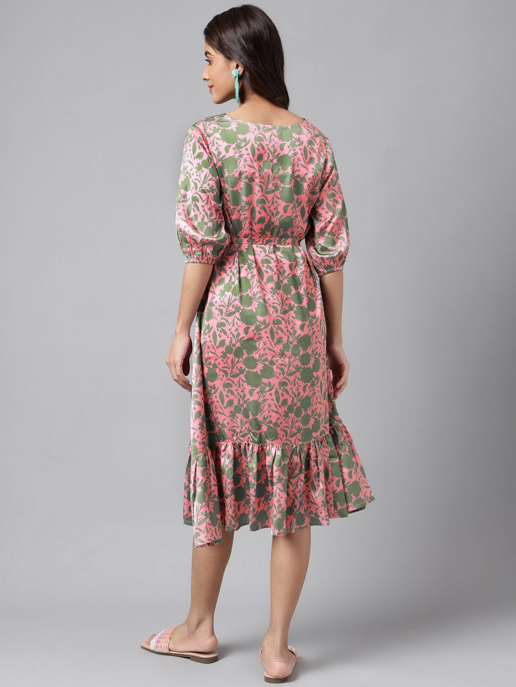Janasya Women's Pink Satin Digital Floral Printed A-line Ethnic Dress | Grocsy