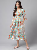 Janasya Women's Orange Satin Digital Floral Printed Flared Casual Dress | Grocsy