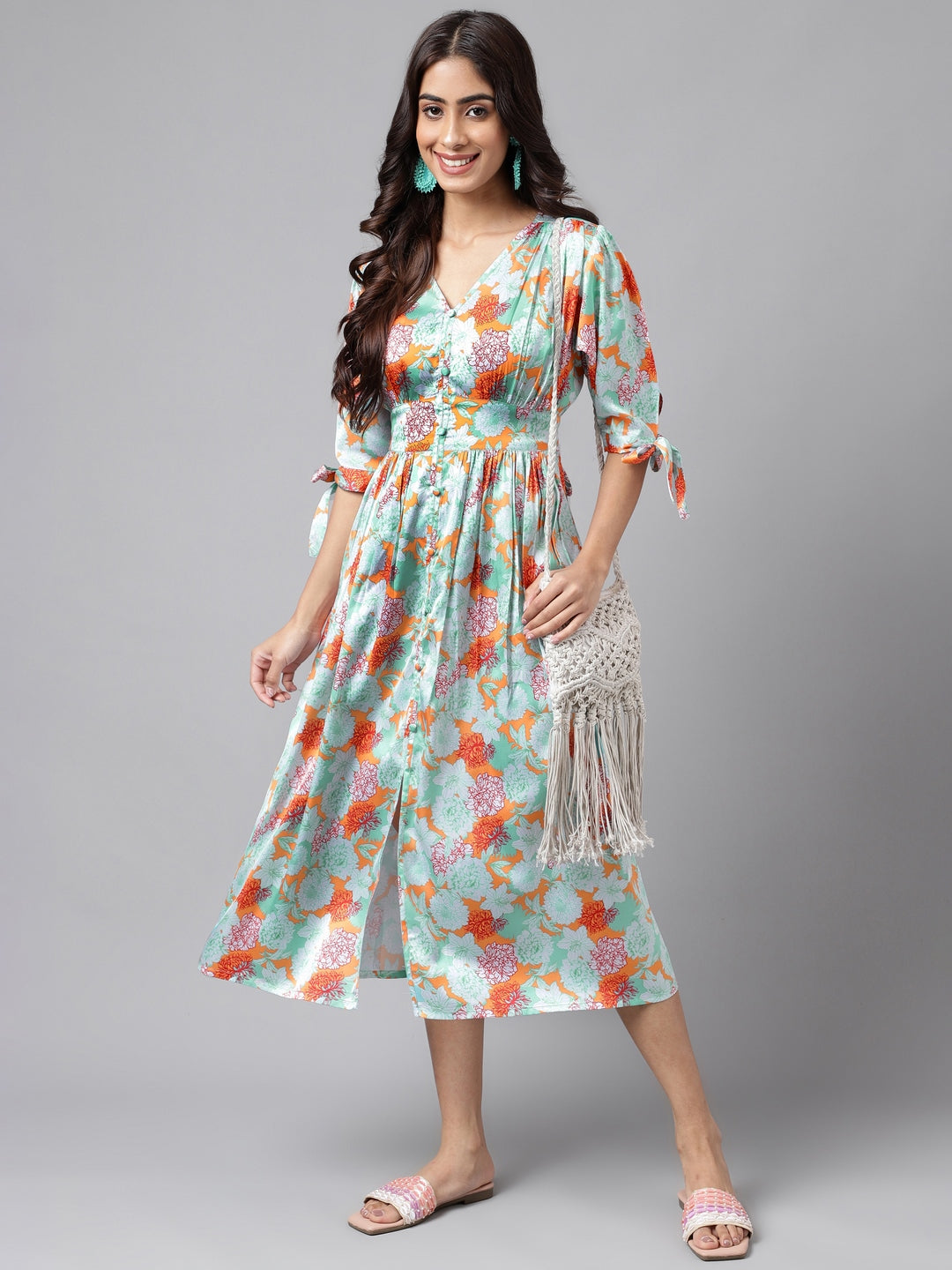 Janasya Women's Orange Satin Digital Floral Printed Flared Casual Dress | Grocsy