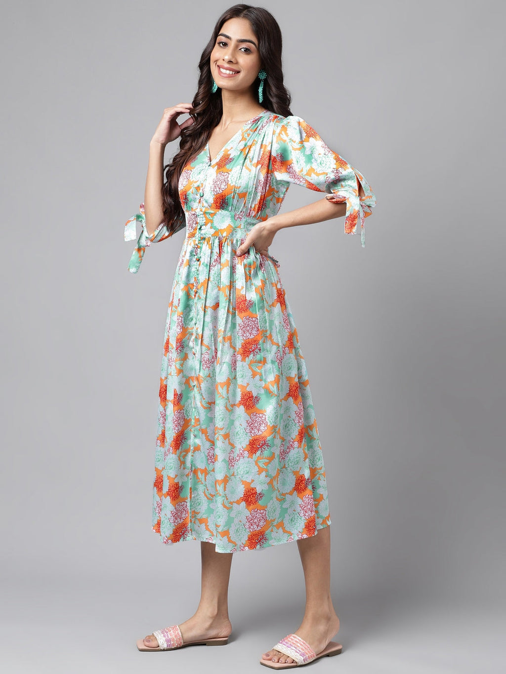 Janasya Women's Orange Satin Digital Floral Printed Flared Casual Dress | Grocsy