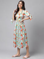 Janasya Women's Orange Satin Digital Floral Printed Flared Casual Dress | Grocsy