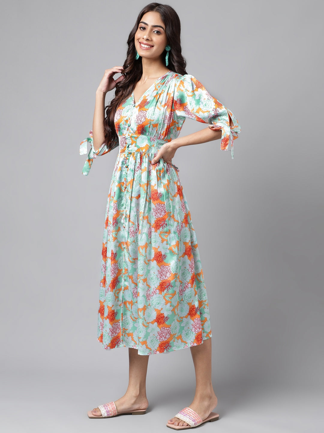 Janasya Women's Orange Satin Digital Floral Printed Flared Casual Dress | Grocsy
