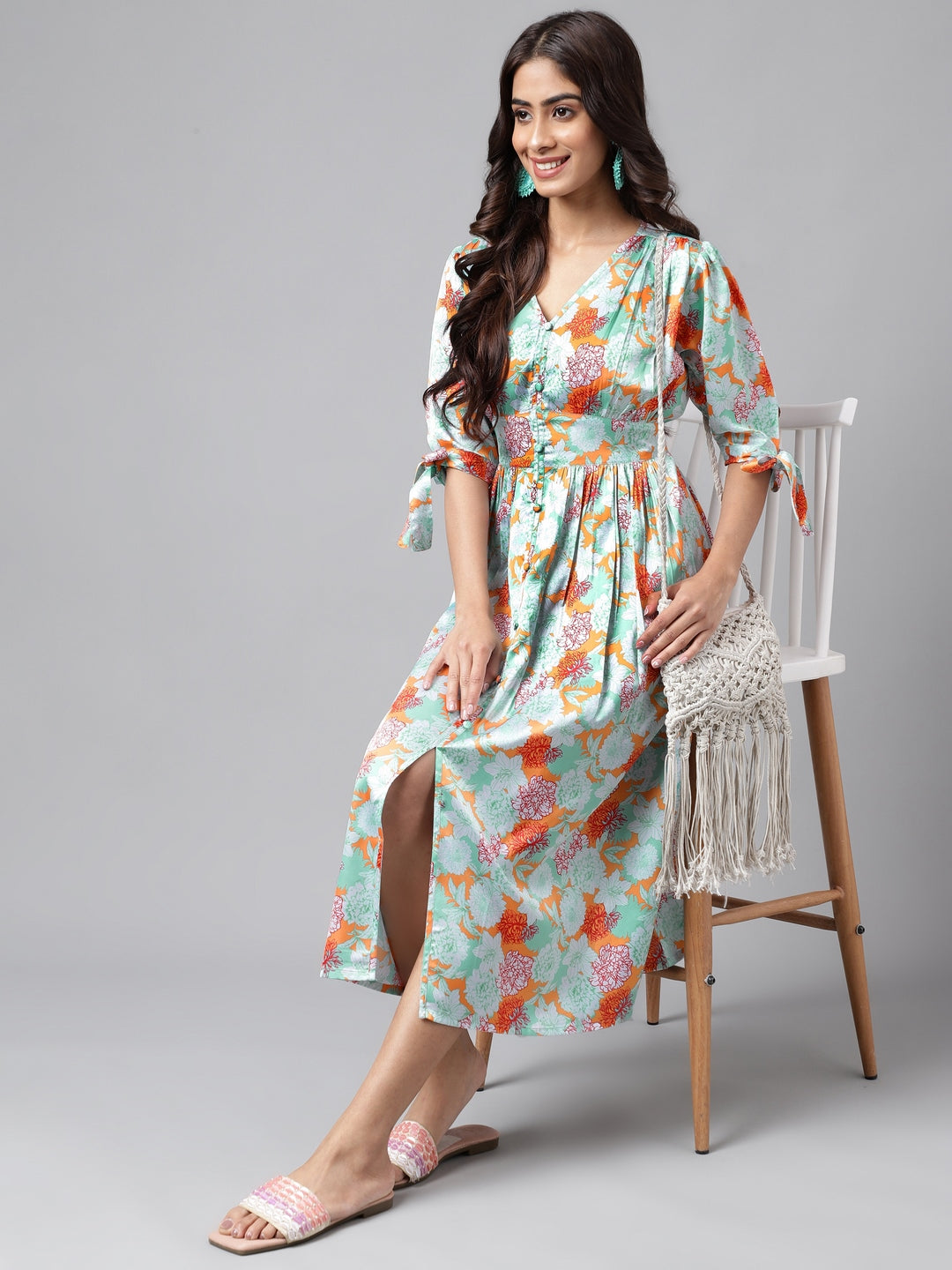 Janasya Women's Orange Satin Digital Floral Printed Flared Casual Dress | Grocsy